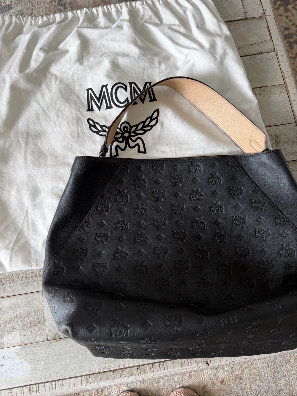 MCM Black Embossed Leather hobo Bag